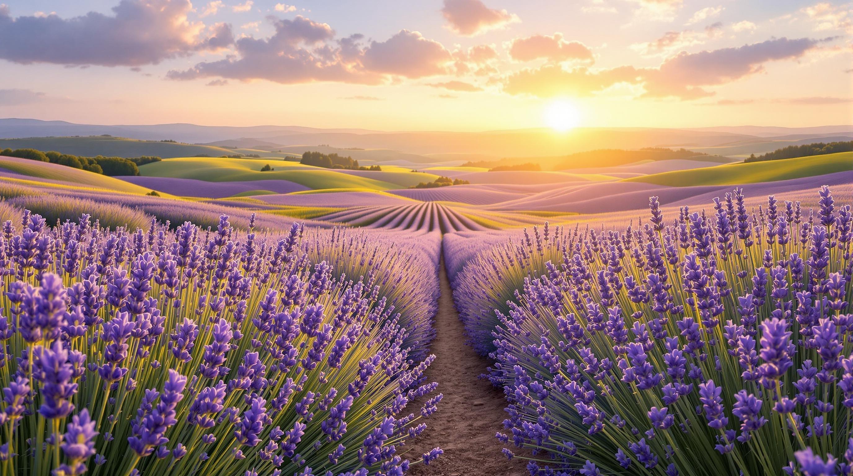 , Create a captivating digital artwork that showcases a serene valley brimming with lush lavender flowers, all bathed in the soft, golden glow of a setting sun. The landscape should be depicted with the elegance and detail characteristic of classical painting, capturing the gentle sway of the lavender in a light breeze. Each flower should be lovingly detailed, with varying shades of purple and delicate green stems. The composition should focus on the endless expanse of lavender stretching to the horizon, where distant hills fade into a soft blur under the warm sky. The scene should evoke a sense of tranquility and timeless beauty, perfect for transforming into a digital wallpaper that offers a vivid escape into nature's embrace. The central focus on the valley enhances the symmetrical balance and provides a crisp, clean look ideal for printing and display.
