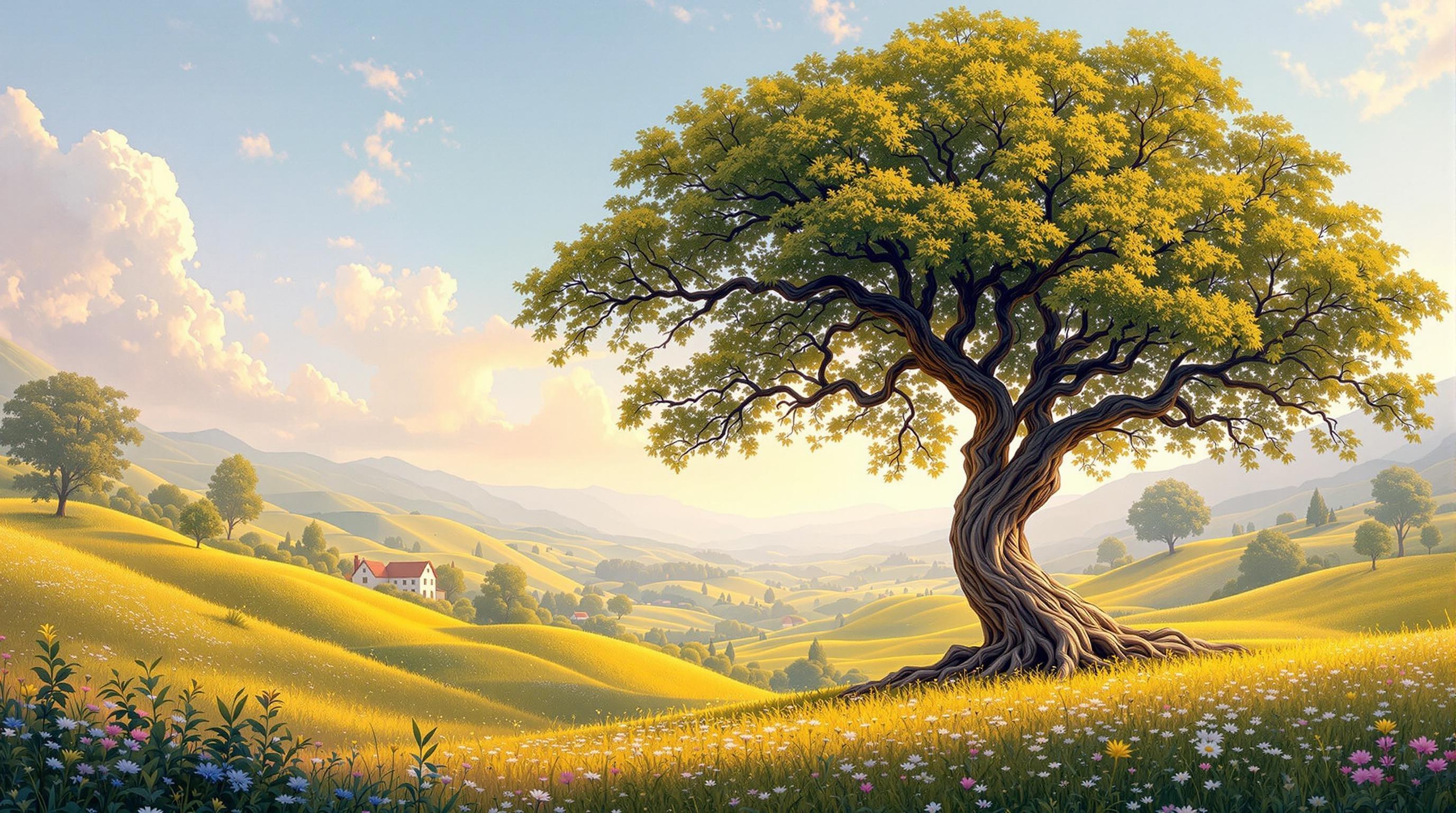 , A majestic and beautiful tree stands tall at the heart of a serene valley, encapsulating the timeless elegance of nature. The tree, with its lush and abundant foliage, is painted in a classical style that amplifies its grandeur and grace. The branches are elegantly twisted and elegantly stretched outwards, as if reaching to embrace the sky, adorned with leaves that shimmer in a spectrum of greens and golden hues. The valley, bathed in the soft, warm glow of the setting sun, is dotted with wildflowers and gentle rolling hills that cascade into the distance. The interplay of light and shadow across the landscape creates a sense of depth and tranquility, inviting the viewer into this peaceful sanctuary. This image is centered with precision, ensuring a crisp and clean composition that radiates a classical charm, making it ideal for digital wallpaper. The harmonious blend of colors and textures makes it a perfect piece to adorn digital screens, bringing a touch of nature’s elegance into a modern setting.