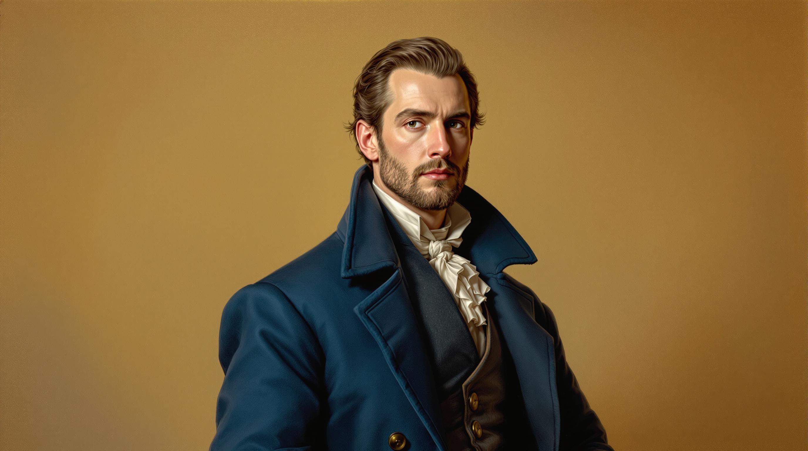 , Enriched prompt: A stunning classical-style painting capturing the dignified presence of a man wearing a richly textured blue coat. The portrait is centered, with meticulous attention to detail in the man's facial features, capturing every subtle nuance of expression. The deep blue of the coat contrasts beautifully with the warm tones of the background, which subtly fades into elegant, neutral shades, exuding a timeless quality. The composition is expertly balanced, with the focal point being the man's thoughtful gaze which seems to follow the viewer. This artwork, rendered with classical techniques, invokes the grandeur of historical portraits while maintaining a clean, modern look, ensuring it is perfectly suited for printing as a high-quality digital wallpaper.
