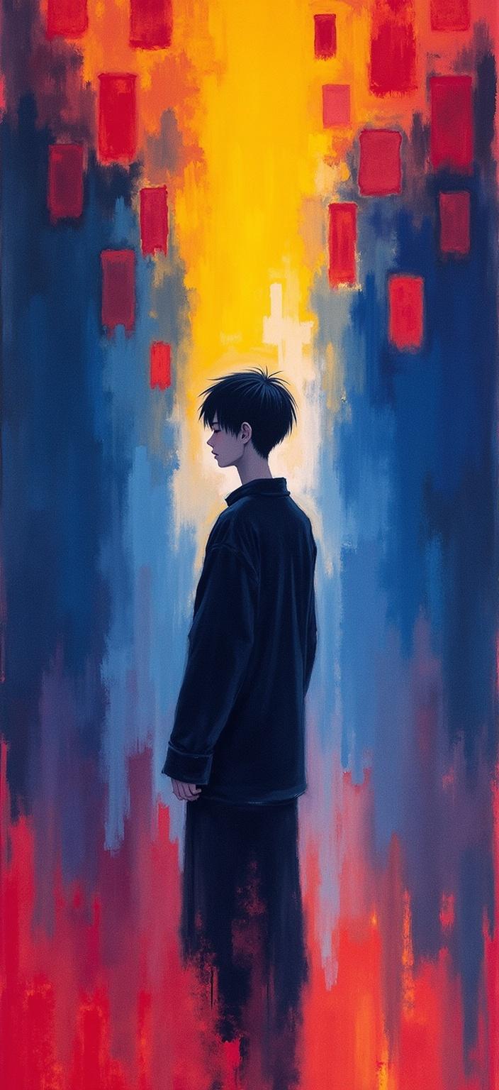 rothko, Enriched prompt: The painting captures the essence of Megumi Fushiguro from Jujutsu Kaisen, enveloping him in a mesmerizing ambiance where the complex layering of translucent colors exudes an ethereal, inner light. The scene is set with hues that blend seamlessly, creating a symphony of colors that seem to melt and fuse, their boundaries softened and blurred. From a distance, the composition reveals soft-edged rectangles that hover weightlessly, evoking floating zones of color that enhance the mystical aura. Up close, one can appreciate the richly varied surfaces, where paint drips and strokes defy convention by running in unexpected directions, contributing to the overall sense of fluidity and motion. This captivating image is centered perfectly to ensure it provides a crisp and clean aesthetic, ideal for a digital wallpaper that invites viewers to lose themselves in its depth and luminosity.