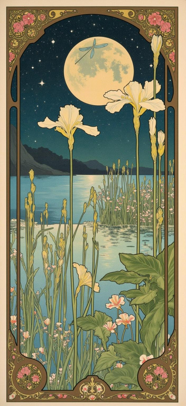 mucha, Create an enchanting and dreamlike painting of a serene lakeside scene under a mesmerizing starry night sky, meticulously inspired by the graceful and flowing lines characteristic of the Art Nouveau style, particularly reflecting the influence of Alphonse Mucha’s exquisite works. This ethereal landscape is devoid of any human presence or man-made structures, allowing nature’s elegance to take center stage. Along the lake's edge, iris flowers stand elegantly beside clusters of bullrushes and delicate reeds, each element lovingly detailed with intricate patterns that capture the organic essence of the scene.

In the foreground, two large dragonflies, with wings delicately shimmering in the moonlight, face one another, adding a touch of whimsy and life to the composition. Sinuous vines entwined with blooming flowers weave gracefully through the image, enhancing the romantic atmosphere with their lush and harmonious color palette. These hues, gentle and evocative, infuse the painting with a sense of tranquility and timeless beauty.

The background is a masterful blend of stylization, merging elements of fine art and design to create an ethereal vista that transports viewers into a dreamlike state. The entire image is framed by an elaborate ornamental border, echoing the elegant whiplash curves and organic patterns emblematic of Art Nouveau, adorned with celestial motifs and blossoms. This border is intentionally asymmetrical, providing visual intrigue and ensuring that the painting feels alive and dynamic. A singular large iris flower boldly emerges from the scene, breaking the boundary of the frame to add depth and dimensionality.

This artwork is crafted to be the perfect digital wallpaper for a smartphone, seamlessly combining beauty and functionality. Its dreamlike quality invites viewers into a world where nature's purity reigns supreme, encapsulated within a refined, ornamental frame that serves as both a gateway and a testament to the poetic harmony between nature and art.