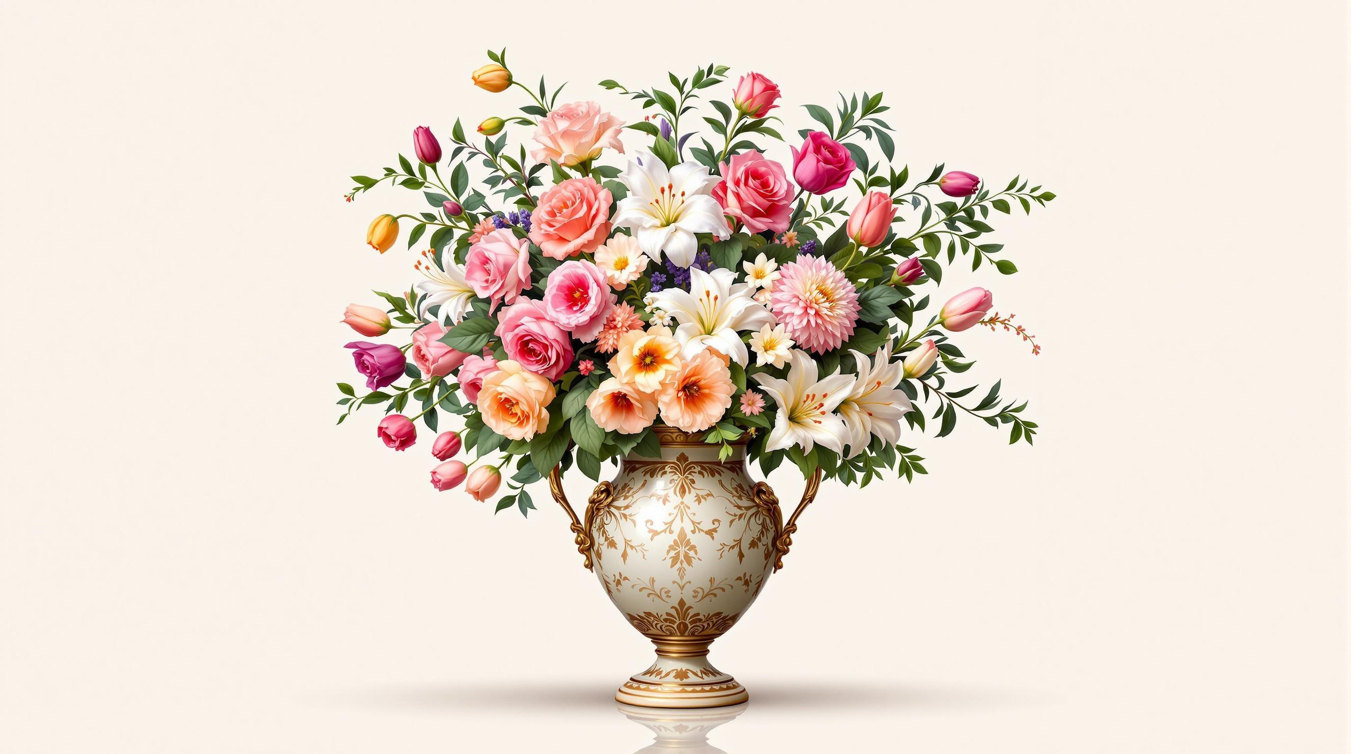 , A stunning digital wallpaper featuring a classical still life painting. At the center of the composition is an exquisitely detailed vase overflowing with an array of vibrant flowers. The arrangement includes lush roses, delicate lilies, and graceful tulips, each petal meticulously rendered to capture the soft, natural textures and subtle color variations. The vase itself is an elegant, ornate ceramic piece, reflecting light gently to enhance the rich depth of the scene. The background is a soft, muted tone, reminiscent of classical paintings, providing a timeless quality that harmonizes with the subject. The overall composition is symmetrical and balanced, ensuring a crisp and clean look that is perfect for a digital wallpaper. This image captures the essence of classical artistry, inviting the viewer to appreciate the beauty and intricacy of the floral display.