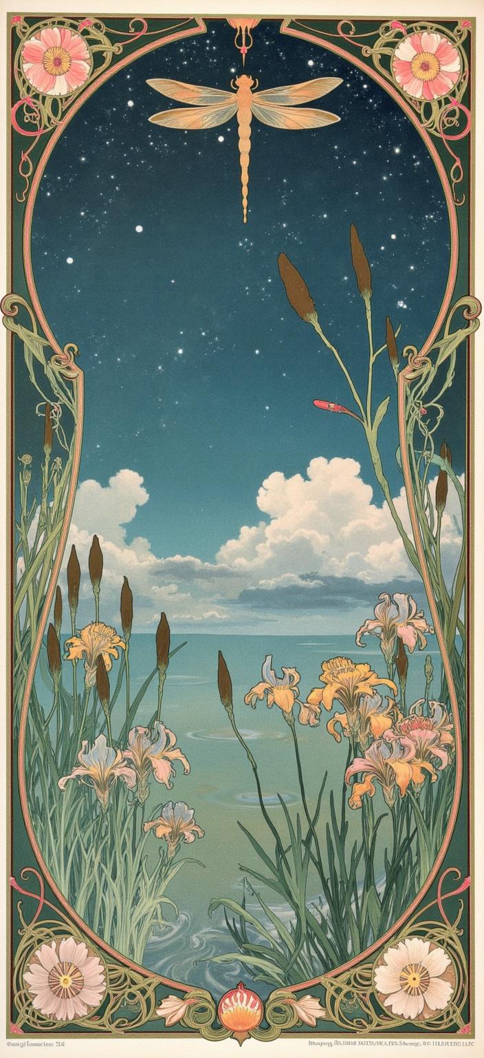 mucha, Enriched prompt:

Create a mesmerizing Art Nouveau-inspired painting capturing the serene edge of a tranquil lake under a starry night sky, evoking the romantic tranquility of an untouched natural landscape. The scene is devoid of human figures and architectural structures, focusing solely on nature's intricate beauty. At the lake’s edge, delicate iris flowers gracefully unfurl alongside robust bullrushes and elegant reeds, swaying gently in an ethereal breeze. A magnificent dragonfly hovers vividly against the night sky, its wings shimmering with iridescent hues, lending an air of mystical wonder to the scene.

The painting is imbued with flowing, organic lines and adorned with intricate decorative patterns, reminiscent of Alphonse Mucha's masterpieces. Sinuous vines weave through the composition, woven together with a tapestry of blooming flowers that add layers of depth and texture. The harmonious color palette of soft pastels and gentle hues evokes a sense of romance, with subtle shades of lavender, blush, and emerald intertwining seamlessly.

The background is a stylized tapestry where celestial elements twinkle softly, blending fine art with design. A dreamlike aesthetic permeates the composition, creating an atmosphere of serene enchantment. The entire scene is framed within an elaborate ornamental border of vines, featuring signature Art Nouveau whiplash curves and intricately detailed embellishments. Unique and asymmetrical, the border boasts organic patterns interspersed with flowers, offering no symmetry but a harmonious balance that evokes the elegance of a grand Gothic window. This digital wallpaper is a gateway into a poetic realm where nature’s grandeur is captured in flowing artistry, suitable to grace the background of a smartphone with its refined ornamental quality.