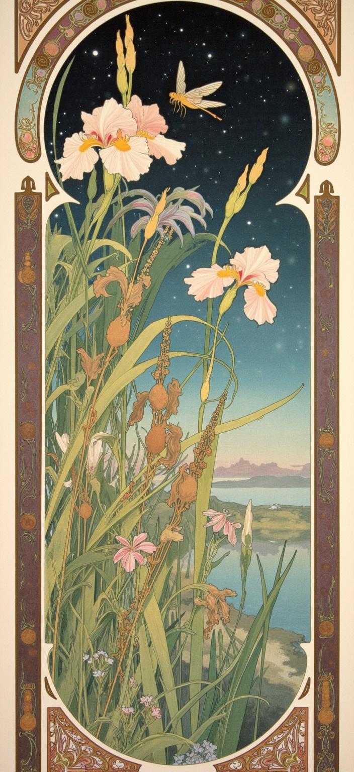 mucha, The painting captures a mesmerizing and dreamlike scene at the edge of a tranquil lake, set beneath a vast, starry night sky. This composition draws deeply from the Art Nouveau style, particularly the enchanting works of Alphonse Mucha, characterized by flowing, organic lines and intricate decorative patterns. The foreground is populated with vividly detailed iris flowers, bullrushes, and lush reeds, their forms weaving through the composition with sinuous elegance. Delicate vines entwine with blooming flowers, visibly showcasing the exuberant floral motifs typical of Mucha's artistry.

A harmonious color palette envelops the scene, featuring soft, delicate hues that evoke romance and tranquility—pinks, soft blues, and gentle greens enhance the ethereal quality of the moment. The background is highly stylized, merging fine art with design elements to create an aesthetic that is simultaneously dreamlike and romantic. This otherworldly atmosphere draws viewers into a realm where the boundaries between art and dream dissolve.

Framing this enchanting vista is an elaborate ornamental border—reminiscent of Gothic window designs—featuring art nouveau whiplash curves and organic patterns that echo the scene's natural motifs. Intentionally asymmetrical, the border adds an intriguing depth to the image, adorned with celestial symbols that further infuse the composition with a sense of wonder. A large iris flower delicately bursts forth from the scene, breaching the border on the left-hand side, announcing its presence with bold beauty.

Complimenting this vivid floral display, a grand dragonfly faces the flower, its shimmering wings and intricate body adding a dynamic vitality to the backdrop. Below, another large dragonfly graces the composition, its presence enhancing the overall symmetry and balance while reinforcing the painting's connection to nature and its subtle movements.

Overall, this painting is designed as a digital wallpaper for a smartphone, ensuring a crisp, clean, and central focus that enriches any digital display, transforming it into a portal to a harmonious and romantic natural wonderland.