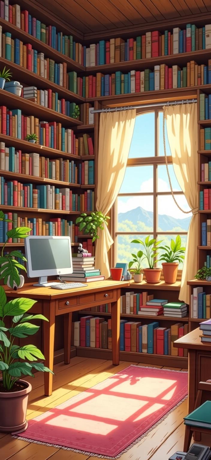 ghibli_illustration, Title: "Whimsical Office Sanctuary"

Description: Imagine a whimsical office room that's a haven for book lovers and tech enthusiasts alike, perfectly designed for a digital wallpaper. This artwork captures a richly detailed and lively environment, staying true to the hand-drawn animation style with a joyful and dreamlike aesthetic. The space is filled with an abundance of books, meticulously rendered to show varied spines and covers, nestled on charmingly imperfect wooden shelves that line the walls. A vintage-inspired desk takes center stage, complete with a sleek, modern PC that contrasts beautifully with the abundance of literature surrounding it. Warm, natural light filters through a nearby window, casting a soft, inviting glow across the room, creating a cozy and dreamlike atmosphere. The colors are bright yet slightly muted, avoiding harsh contrasts to maintain a nostalgic quality. The scene is alive with details — a soft rug underfoot, a leafy potted plant adding a touch of nature, and a gentle scattering of everyday office items like a steaming coffee mug and a whimsical desk lamp. The hand-drawn textures, subtle pencil sketches, and organic movement of the scene make the setting feel lived-in and tangible. The overall composition ensures that each main subject is accurately proportioned and clearly visible, centered to provide a crisp, clean look suitable for printing as a digital wallpaper.