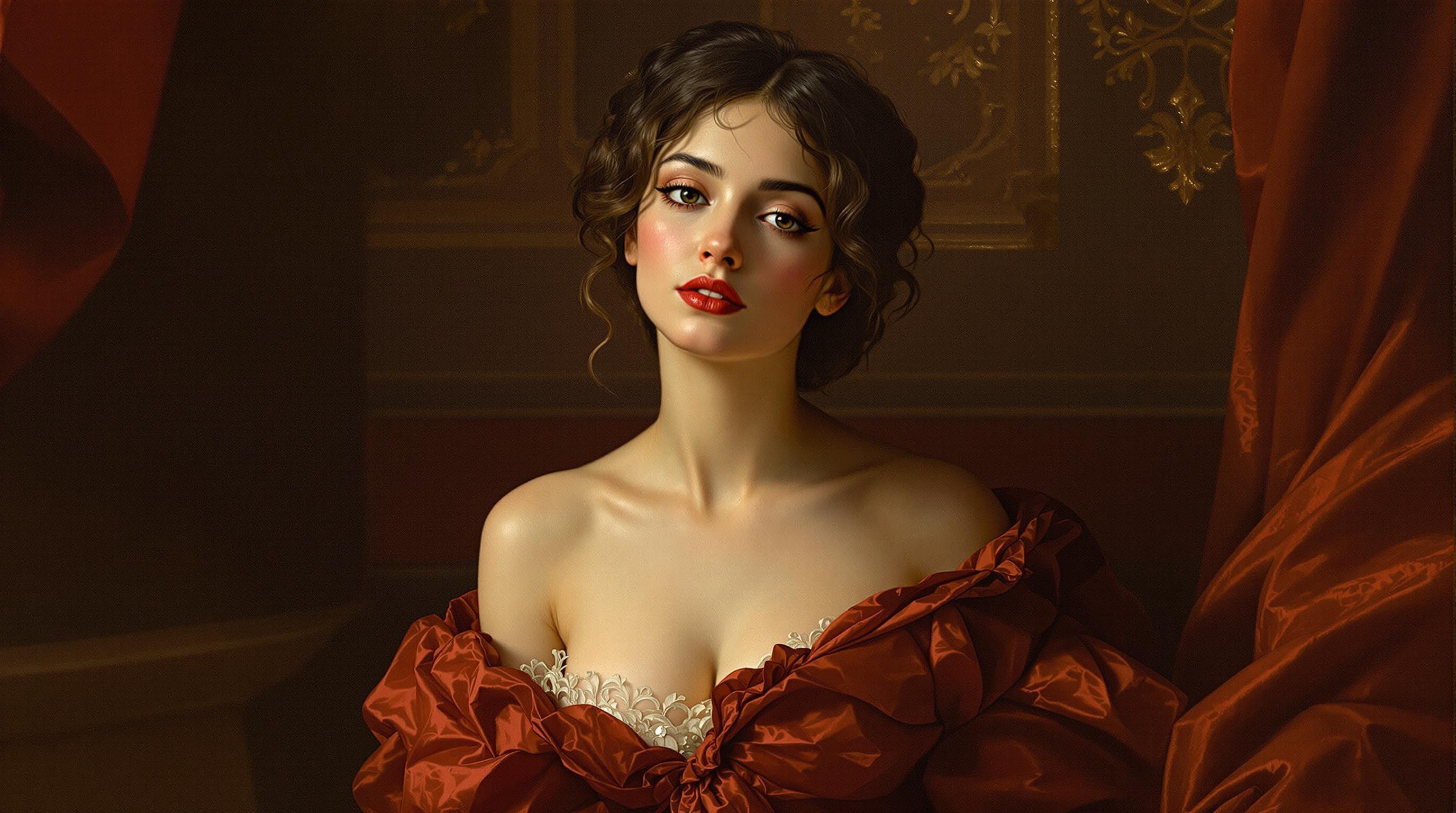 , In a masterful classical style, this digital wallpaper features a captivating and timeless painting centered perfectly for an exquisite visual experience. The art piece showcases a graceful woman adorned in a stunning red dress, her presence radiating elegance and poise. Her attire is intricately detailed, with rich textures capturing the velvety softness of the fabric and the way it drapes effortlessly around her figure. The warm, deep hues of red contrast beautifully with her serene expression and the delicate, soft lighting that illuminates her form, reminiscent of the chiaroscuro technique used by old masters. A hint of an ornate background, subtly blurred to focus attention on the woman, enhances the classical charm without overshadowing her presence. The composition is balanced and symmetrical, inviting viewers to appreciate the harmony and sophistication in every brushstroke, making it an ideal and refined choice for a digital wallpaper that transforms any space into an art gallery.