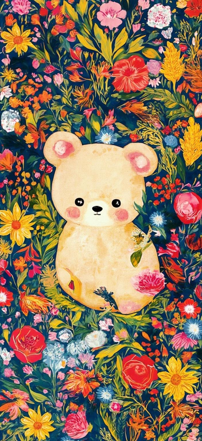 colorful_illustration, In this vibrant and colorful illustration, a cute Rilakkuma takes center stage, exuding an aura of playful serenity. The character is depicted with a delightful, hand-drawn feel, radiating charm with its round ears and soft, plush appearance. Rilakkuma is nestled comfortably amidst an enchanting background that bursts with dynamic, organic shapes and scattered decorative elements.

The scene is alive with various leaves and delicate floral elements, meticulously arranged in a harmonious dance across the canvas, invoking a natural, free-flowing quality. The lavish decorative style is evident in the intricate composition, where bold organic shapes meld seamlessly with delicate details. This setting features scattered ornamental elements like dots, swirls, and abstract motifs, which inject a sense of joyous movement into the tableau.

A luxurious layering of vibrant colors and patterns conjures depth and dynamism, drawing inspiration from Scandinavian folk art and mid-century botanical prints. The organic shapes and radial floral patterns envelop Rilakkuma, creating a serene oasis that blends whimsy with tranquility. The entire visual is centered to ensure a crisp, clean look, perfectly suited for printing onto a digital wallpaper, transforming any space into a haven of playful artistry.