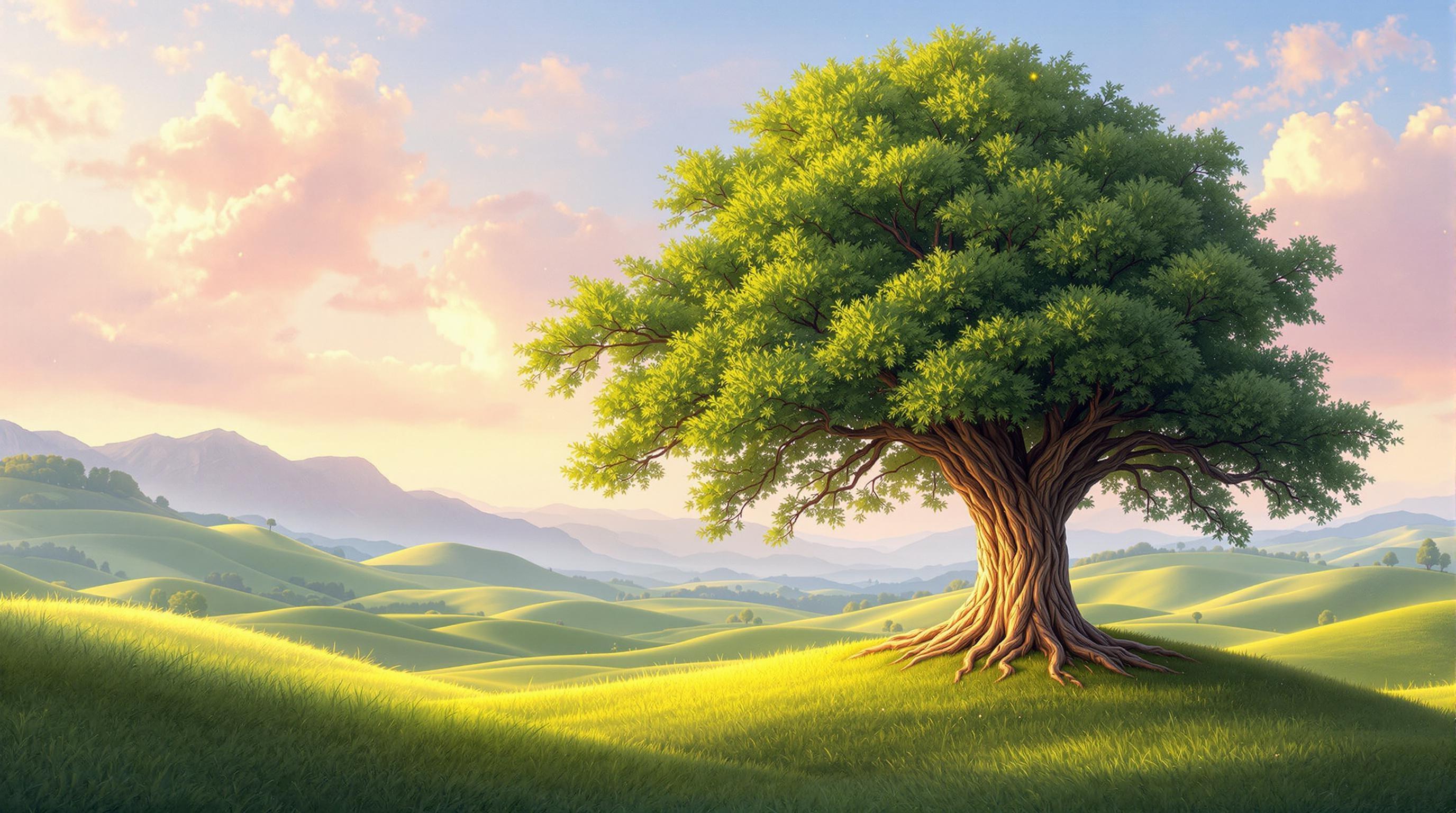 , An exquisite digital wallpaper that captures the timeless essence of a beautiful tree nestled in a serene valley. This artwork, inspired by the classical style, opens a window into a tranquil landscape where a magnificent tree stands as the centerpiece. Its lush, expansive canopy boasts a myriad of rich green hues, interspersed with golden highlights as if kissed by the gentle rays of a setting sun. The valley in which it resides is an idyllic haven, surrounded by softly rolling hills that stretch into the horizon. The play of light and shadow across these hills creates a sense of depth and tranquility, reminiscent of the grandeur found in classical paintings.

The composition is meticulously balanced to ensure a crisp, clean look, perfect for a digital wallpaper. The focus remains on the tree, its grandeur echoing the majestic trees seen in timeless works of art. The sky above is painted with subtle brushstrokes, blending soft pastels of pink, orange, and purple, casting a serene glow across the landscape. The texture of the tree’s bark is rendered in intricate detail, inviting the viewer to appreciate its ancient strength and beauty.

This digital masterpiece marries the elegance of classical artistry with modern digital techniques, creating an image that evokes both nostalgia and contemporary aesthetic appeal, making it an ideal centerpiece for a digital wallpaper.