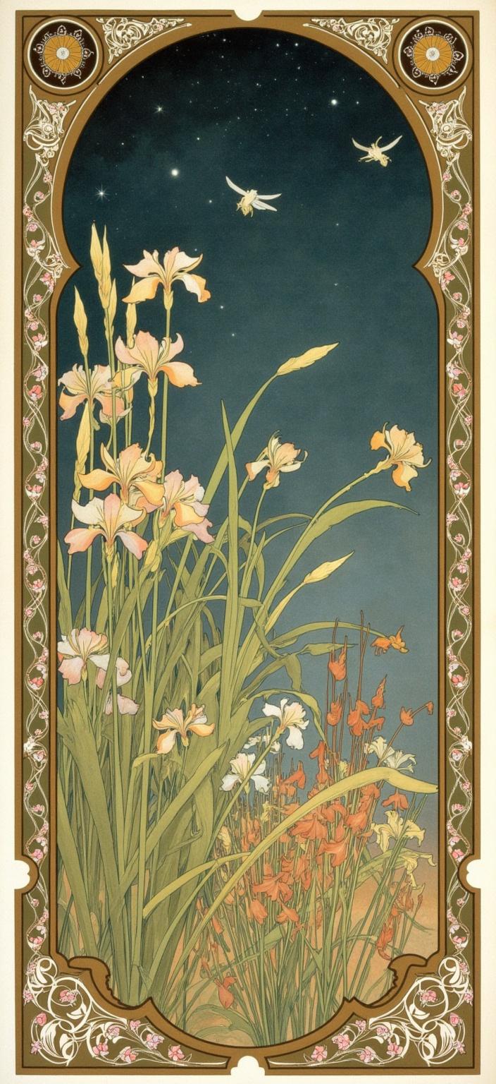mucha, Amidst a serene tableau, dragonflies gracefully flutter among a dense gathering of iris flowers, bullrushes, and reeds. This tranquil scene unfolds beneath a starry night sky, where each star twinkles with an ethereal glow. The dragonflies, with iridescent wings catching the starlight, seem to dance in a silent symphony with the gentle breeze swaying the delicate flora. These elements are beautifully framed by the sweeping, asymmetrical whiplash curves of the art nouveau style, evoking a sense of graceful movement and organic vitality.

The painting draws inspiration from the flowing, organic lines characteristic of the art nouveau movement. Intricate decorative patterns weave throughout, incorporating a harmonious blend of natural motifs such as flowers, vines, and celestial elements. These patterns are set against a highly stylized background, creating a dreamlike, romantic aesthetic that seamlessly merges fine art with design—a hallmark of Alphonse Mucha’s influence. Delicate colors wash over the scene in a palette that exudes a sense of calm and wonder, while exuberant floral motifs composed of sinuous vines and blooming flowers enrich the composition with a refined, ornamental quality.

Encircling the entire scene is an elaborate ornamental frame, reminiscent of a grand Gothic window. This intricate border, adorned with sweeping curves, detailed embellishments, organic patterns, and celestial symbols, serves as a visual unifier. It acts as a gateway into a dreamlike realm where nature and human emotion intertwine in poetic harmony, capturing the viewer's imagination and inviting them to linger in this serene, enchanted world. The image is perfectly centered, ensuring a crisp, clean look, ideal for digital-wallpaper, transforming any screen into a peaceful escape.
