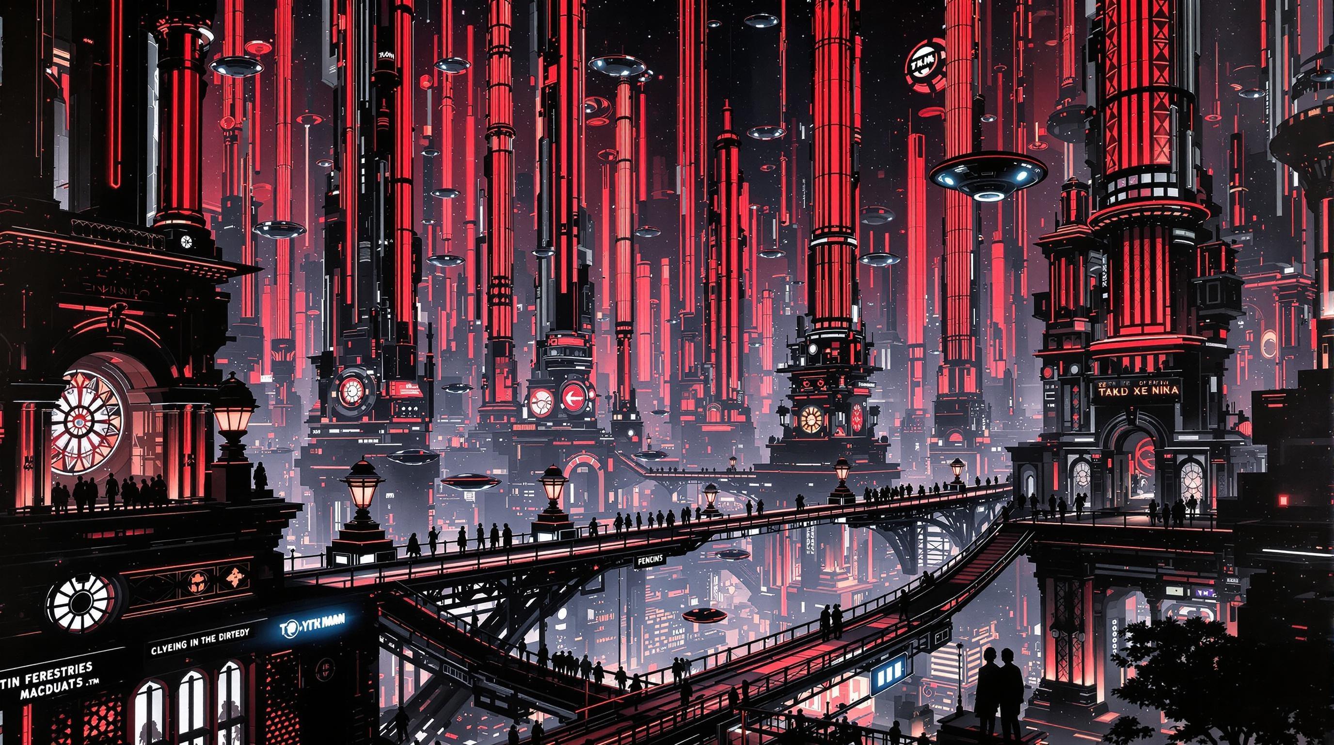 , ("A breathtaking art piece depicting a futuristic cityscape, where towering skyscrapers stretch into the heavens, each adorned with an array of vibrant, pulsating neon lights cascading in an electrifying fusion of black and red. The city's architecture is a harmonious blend of tradition and innovation, where sleek, modern structures coalesce with classical elements. Elaborate arches and ornate columns are subtly woven into the futuristic design, adding a timeless elegance to the urban environment. The city is alive with activity, bustling with floating vehicles and silhouetted figures that traverse the sky bridges high above the streets. The rich, saturated hues of red and black dominate the painting, creating a dramatic contrast that heightens the sense of mystery and allure. The artistry channels the essence of classical style, with an emphasis on balance, harmony, and intricate details, yet reimagined through a contemporary lens. This mesmerizing image is perfectly centered, ensuring a crisp, clean aesthetic that makes it ideal as a statement piece of decor, captivating all who behold it with its seamless blend of the past and the future.",)