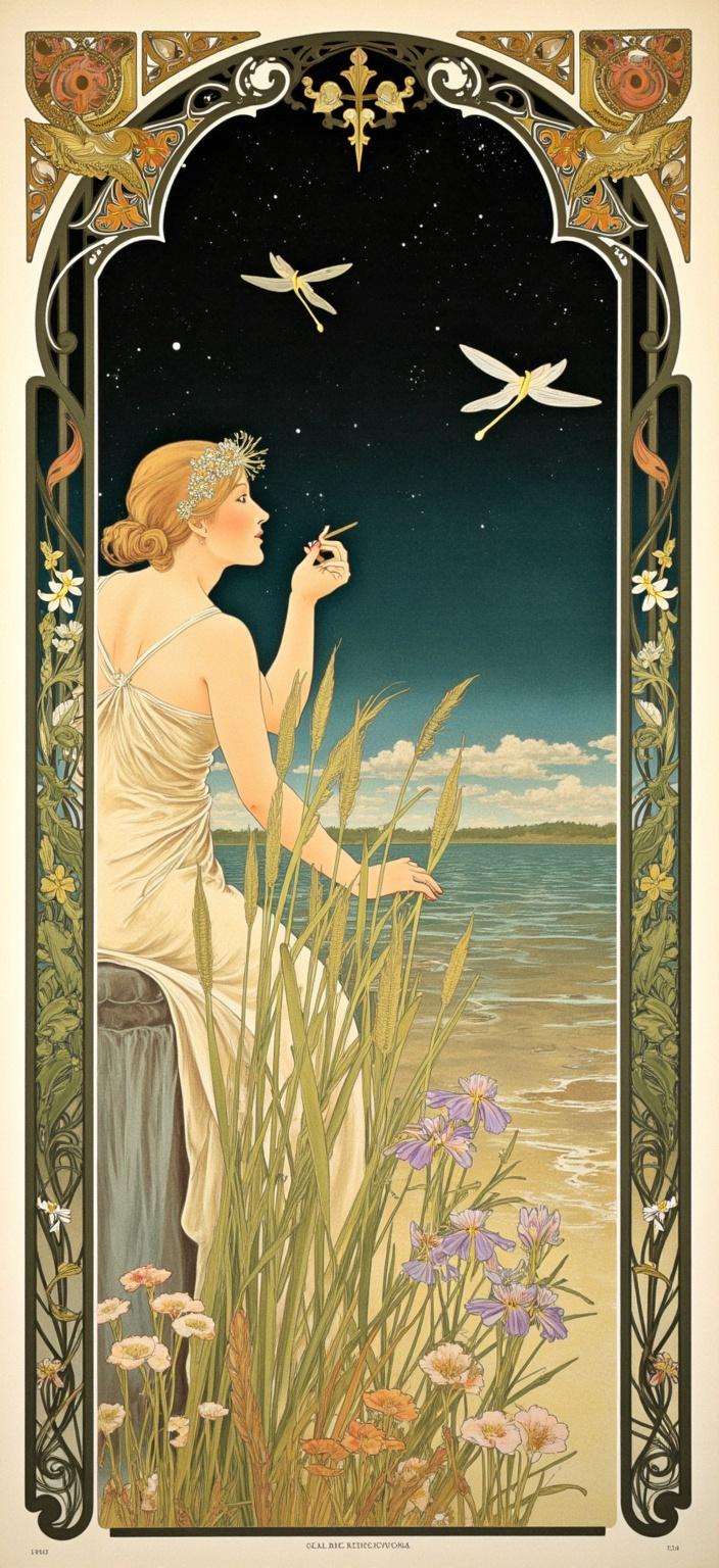 mucha, Dive into a dreamlike masterpiece that captures the serene essence of a lake's edge under a starry night sky. In this Art Nouveau-inspired painting, the influence of Alphonse Mucha is palpable, as flowing, organic lines and intricate decorative patterns weave throughout the composition. At the heart of this scene, iris flowers, bullrushes, and reeds gracefully emerge from the water's edge. Dragonflies elegantly flutter across the canvas, adding a touch of whimsy and movement.

Sinuous vines cascade gracefully, interspersed with blooming flowers that burst with life and color, underscoring the harmonious color palette that weaves through the painting. Delicate hues evoke a sense of romance and tranquility, drawing the viewer into an ethereal, dreamlike aesthetic where fine art and design unite effortlessly.

The background is highly stylized, merging celestial elements with natural motifs to create a seamless blend of art and nature. This captivating scene is enveloped by an elaborate ornamental border, reflecting the signature Art Nouveau whiplash curves and flowing lines. The border is adorned with organic patterns, flowers, and celestial symbols, framing the composition without symmetry, adding a dynamic, naturalistic balance.

This intricate painting serves as a digital wallpaper, perfect for a smartphone background, inviting viewers into a world where nature and human emotion poetically intertwine. This piece serves not only as a visual delight but as a gateway into a realm where dreams and reality converge in perfect harmony.