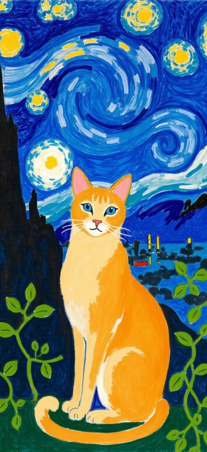 mattise_nice, Title: "Golden Reverie"

Enriched Prompt: Imagine a captivating digital artwork where the central figure is a majestic golden cat with mesmerizing blue eyes. The cat sits gracefully with its tail elegantly pointed upward, exuding an aura of curious serenity as it gazes directly at viewers. This feline figure is set against a mesmerizing backdrop inspired by Vincent van Gogh's "Starry Night," but reimagined with a unique twist—plant leaves and organic veins intricately weave into the celestial pattern, adding an additional layer of wonder and interconnectedness. The composition draws inspiration from the "Matisse in Nice" style, characterized by bold colors, fluid lines, and a sense of joyful tranquility.

The cat, though central, is intentionally made smaller to emphasize the vastness and mystery of the starry sky behind it, creating a sense of distance and depth that invites viewers to contemplate the wonders of the universe. The sky, with its swirling, vibrant blues and luminous stars, appears expansive and distant, almost like a dreamscape that envelops the scene.

Designed for digital wallpaper, this piece offers a clean and crisp aesthetic suitable for high-definition screens. The harmonious blend of artistic styles and vivid colors ensures a striking visual experience, making it an ideal centerpiece for any digital device.