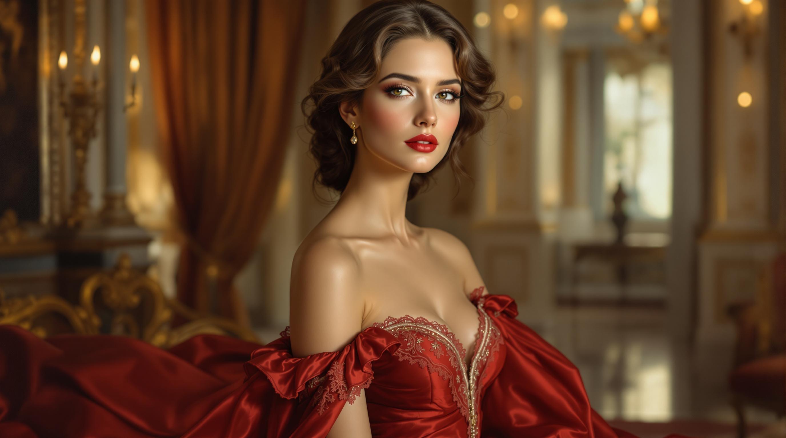 , Create a classical painting that captures the elegance and timeless beauty of a woman in a rich, flowing red dress. Her figure is poised and graceful, exuding an air of sophistication and mystery. The setting is an opulent interior, reminiscent of the lavish halls of a grand European palace, with ornate decorations and soft, ambient lighting that highlights the deep, rich hues of her dress. The woman's expression is serene yet captivating, her eyes drawing the viewer into a narrative untold. Painted in the classic style, the image features meticulous attention to detail, from the delicate lace trim of the dress to the subtle play of light and shadow that adds depth and dimension. The composition is perfectly centered, ensuring a crisp and clean aesthetic that makes this artwork ideal for a digital wallpaper, offering a touch of classical elegance to any screen.