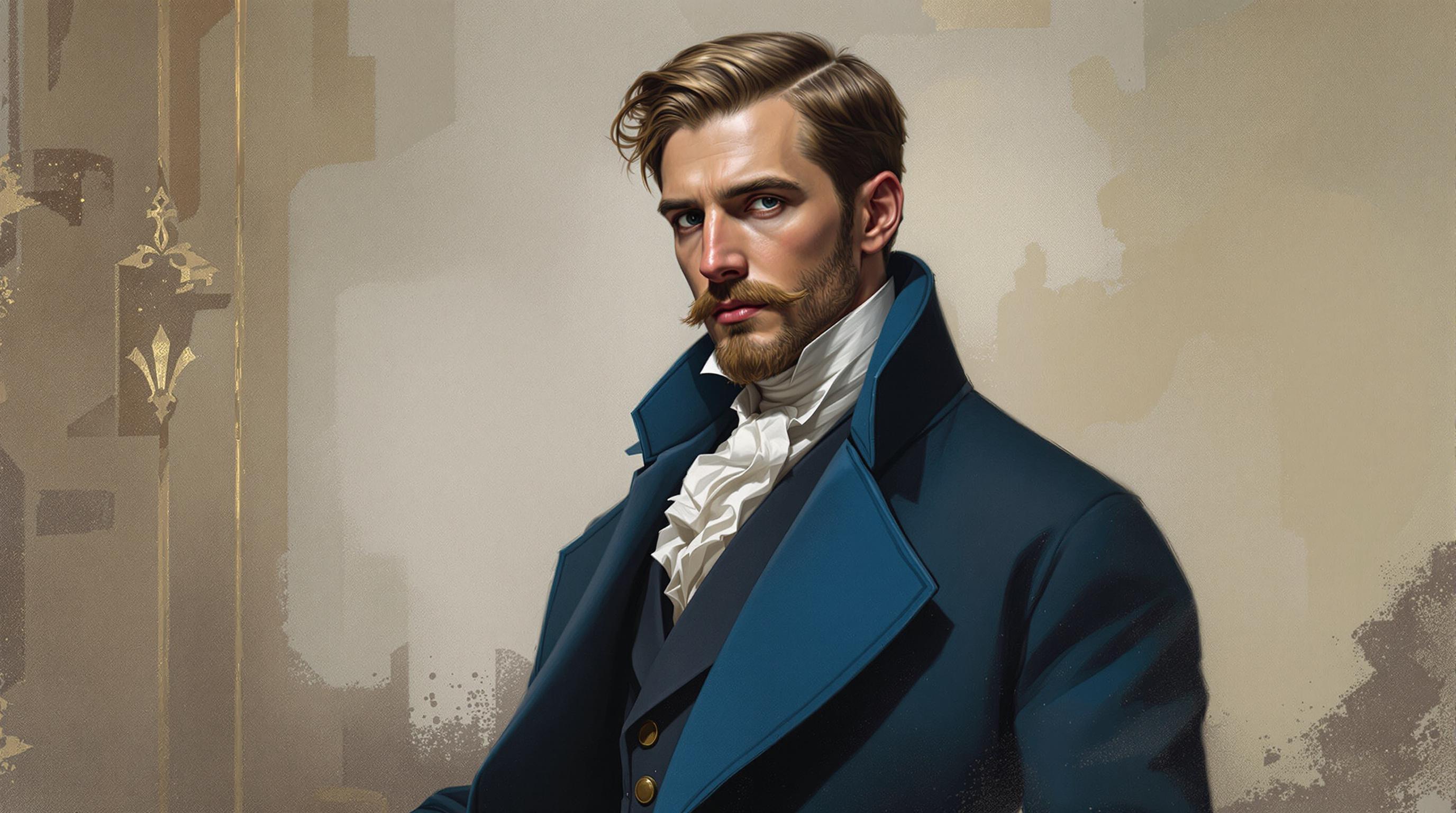 , Enriched prompt: A refined portrait capturing the dignified essence of a man adorned in an elegant blue coat, rendered in a classical style reminiscent of the Old Masters. The composition centers the figure with precision, highlighting his poised demeanor and the exquisite tailoring of his coat. Subtle highlights and shadows play across his face, bringing depth and character, while the background employs soft, muted tones to enhance the portrait's timeless appeal. The rich textures of the fabric, combined with delicate brushstrokes and an eye for detail, evoke a sense of sophistication and grace. This artwork is meticulously designed for a crisp, clean look, making it an ideal digital wallpaper, perfect for adding a touch of classic elegance to any space.