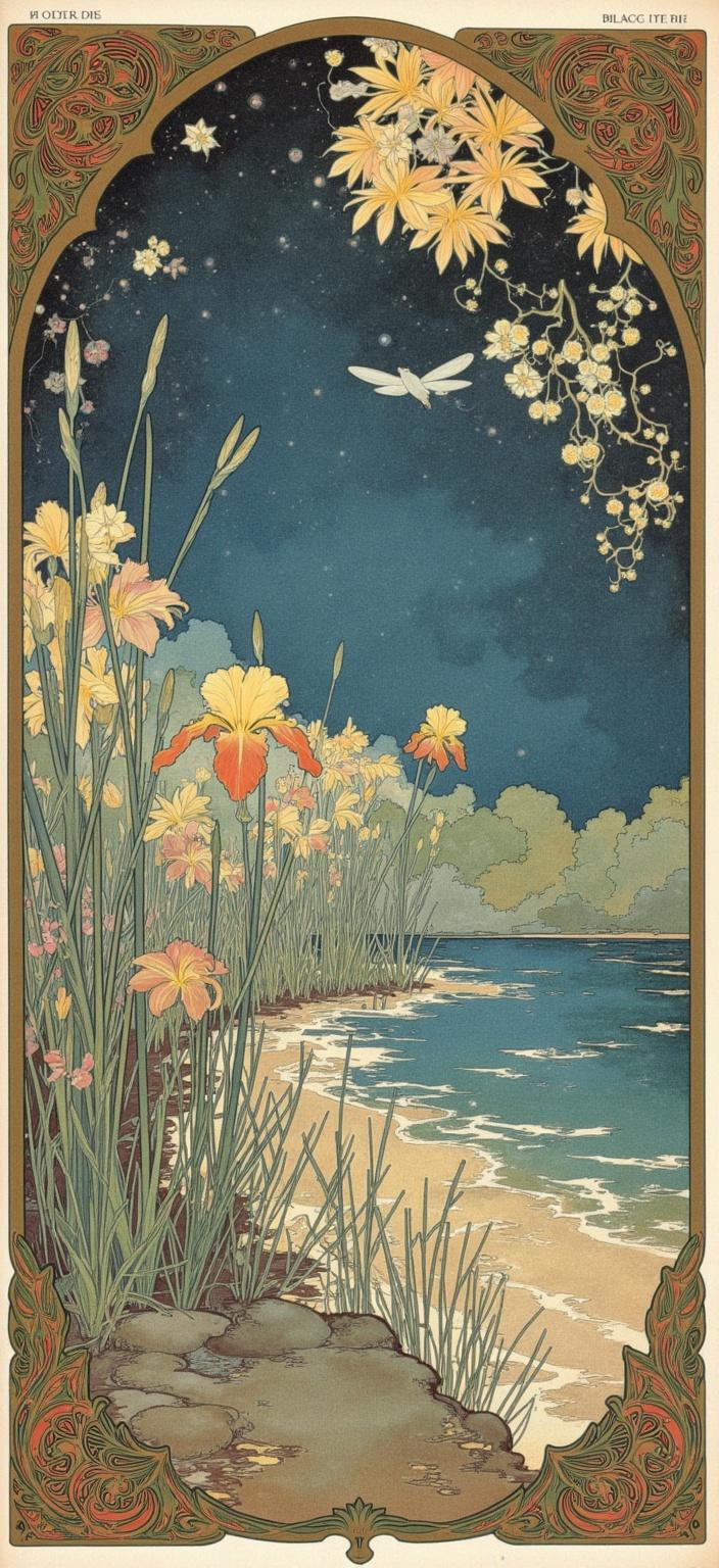 mucha, Enriched prompt: Imagine a dreamlike painting capturing the serene edge of a tranquil lake beneath a dazzling, starry night sky. This composition is brought to life through the elegant, flowing, and intricate decorative patterns characteristic of the Art Nouveau style, particularly drawing inspiration from the works of Alphonse Mucha. The scene is devoid of people and buildings, allowing nature to take center stage. In the foreground, a lush array of iris flowers, graceful bullrushes, and slender reeds dance subtly in a gentle breeze. Two large dragonflies, intricately detailed, face one another, their delicate wings shimmering with ethereal luminescence.

Entwined through this natural tableau are sinuous vines and blooming flowers, weaving an intricate narrative across the composition. The color palette is a harmonious blend of delicate, romantic hues that evoke a sense of tranquility and wonder. The background is highly stylized, seamlessly merging fine art with design to evoke an ethereal, dreamlike aesthetic.

The entire scene is framed within an elaborate ornamental border, alive with organic patterns and Art Nouveau whiplash curves, reminiscent of Mucha's grand Gothic sensibilities. This asymmetrical border is adorned with an array of flourishing vines and flowers, with celestial symbols subtly interwoven. Among these, one large iris flower boldly emerges from the scene, breaking through the confines of the border to captivate the viewer's eye.

This painting captures a sense of timeless beauty and serenity, making it a perfect digital wallpaper, designed to grace the background of a smartphone with its harmonious blend of nature and art, romance and tranquility.