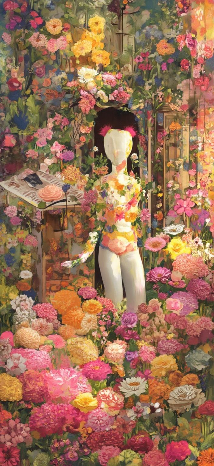 colorful_illustration, **Enriched Prompt:**

In a lavishly vibrant and colorful digital painting, a divine tapestry emerges, representing the intricate interweaving of time and sensuality. The scene unfolds in a sunlit loft studio above a charming bookstore, where a passionate lingerie designer in her thirties stands at the center, enveloped by the warm glow of the 10 am skylight. Her ethereal presence is adorned in sexy and playful lace, featuring intricate floral embroidery that embodies both passion and temptation. Her attire—a form-fitting, flirtatious lingerie dress with long sleeves—complements the delicate interplay of light chiffon and lace, which caresses her skin in an intimate embrace.

The studio exudes an environment rich with creativity and artistic immersion. Everywhere, lingerie abounds—bras, women's underwear, and volumes of captivating lingerie books are strewn amidst piles of draft paper. The pages, filled with sketches of lace tights, reveal exquisite details and craftsmanship, highlighting her fruitful artistic endeavors. A large, open leather-bound notebook lies on a table—its pages adorned with technical drawings and scattered with thoughts and poems, breathing restless energy into the air.

The background is alive with the narrative tales she weaves, merging sensuality and storytelling. Antique mannequins and an array of lingerie sketches are pinned to the walls, while paper patterns dance in the air. On the right edge, a towering digital mirror reflects only her face, overlaid with an augmented reality beauty filter. An RGB split ghost of her reflection, offset by five pixels, creates a striking glitch effect, encapsulating the duality of her role as both creator and muse.

The color palette unfolds in luxurious layers: ivory, charcoal, and taupe serve as the elegant canvas, accented by neon magenta highlights on her lips and lace. Electric cyan pixel fragments splash through the design, adding a modern edge. Organic shapes, radiant floral patterns, and decorative motifs—dots, swirls, and abstract elements—are scattered harmoniously across the background, evoking Scandinavian folk art and mid-century botanical prints.

Textures of subtle paper grain and a whisper of VHS noise add depth to the painting, while deliberate paint splatters and semi-transparent digital layers weave a narrative of expression and sensual storytelling. This opulent composition serves as a digital wallpaper masterpiece, capturing the intimate art of lingerie and the boundless dance of time.