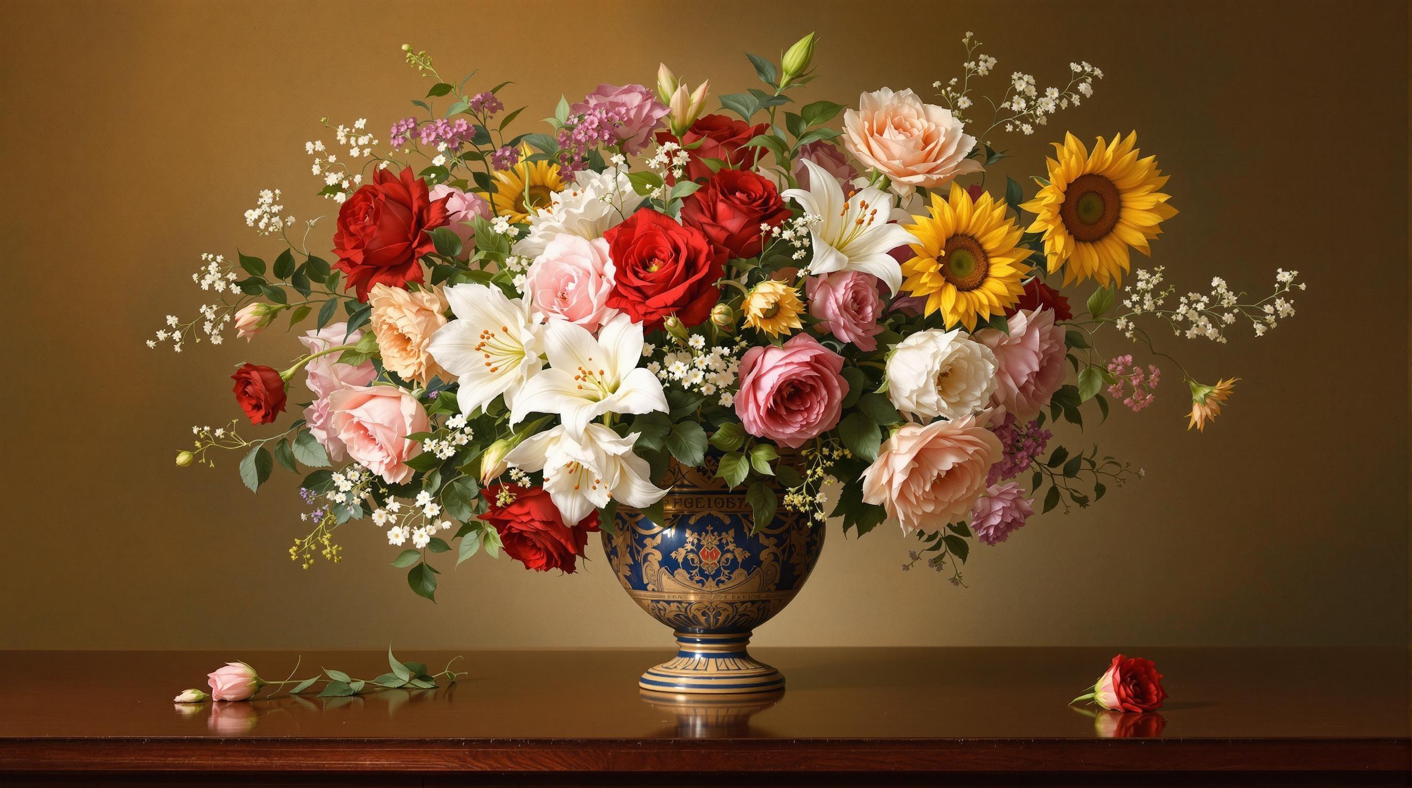 , Title: "Timeless Blossoms"

Enriched Prompt:

On a timeless canvas, a classical masterpiece unfolds, capturing the serene elegance of a still life composition. At the center, a beautifully crafted vase, reminiscent of ancient Greek pottery, stands gracefully on a finely polished, dark mahogany table. The vase, an exquisite work of art itself, is filled with a delightful array of meticulously detailed flowers that seem to whisper stories of nature's splendor.

A symphony of colors dances from the blooms; soft, velvety roses in deep crimson and blush pink; regal lilies with petals unfurling in pure white and buttercream; and sun-kissed sunflowers with their golden faces turned towards an unseen sun. Delicate tendrils of ivy and tiny sprigs of baby's breath weave gracefully between the blossoms, adding depth and texture to this vibrant bouquet.

The background, painted in warm, muted earth tones, enhances the vividness of the flowers and adds depth, creating a harmonious balance between foreground and background. The play of light and shadow, expertly rendered in the classical style, adds dimensionality, allowing the flowers to nearly pop off the screen with their vivid realism.

As the eye moves across the image, it lingers on a single dewdrop perched precariously on the edge of a rose petal, capturing the essence of fleeting beauty. This digital wallpaper, perfectly centered and crisply detailed, is an ode to the grace and everlasting charm of classical art, ready to transform any space with its refined, elegant allure.