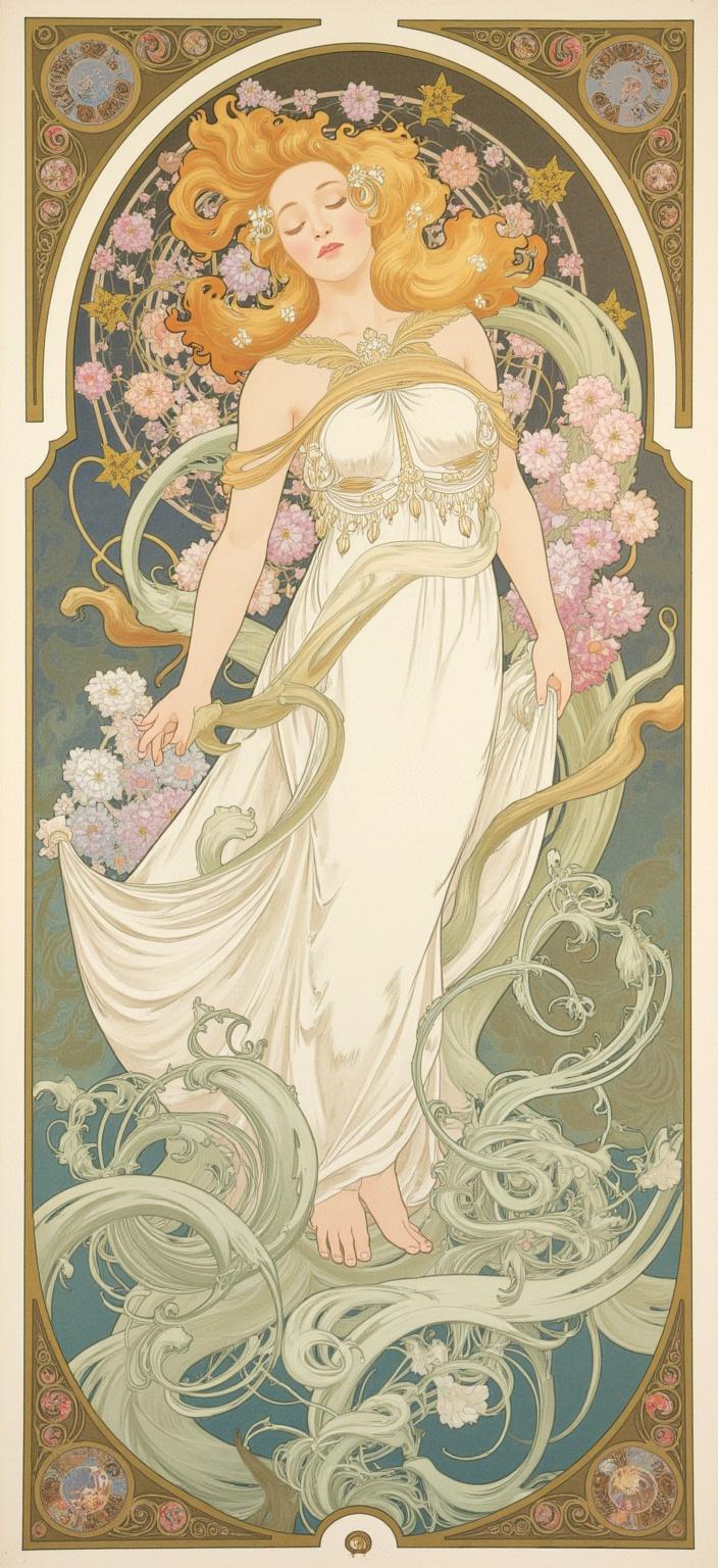mucha, The painting centers on the majestic Pokémon Silvally, depicted with an ethereal grace that embodies both strength and mysticism. Silvally stands poised amidst a swirling landscape of harmonious, flowing, organic lines that guide the eye throughout the composition. Its body, a masterpiece of evolutionary design, is intricately detailed with decorative patterns that echo the work of Mucha—delicate, yet powerful, as it accentuates Silvally's mythical nature.

Silvally is surrounded by a lush tapestry of natural motifs—vines twist and weave around its form, while a symphony of blooming flowers, in pastel hues of soft pinks, lavenders, and verdant greens, cascade around its feet. Above, celestial elements—glimmering stars and crescent moons—dot the sky, casting a dreamlike glow over the scene. The background is a highly stylized panorama, a romantic vista where sky and earth meld into one harmonious continuum.

Every detail is enriched with a gentle palette of delicate colors, enhancing the composition’s ornamental quality. Geometric patterns subtly underpin the floral richness, adding a layer of complexity and refinement to the piece. The entire scene is enclosed within an elaborate ornamental frame. Its sweeping curves, reminiscent of grand Gothic windows, are adorned with further floral and celestial designs, creating a sense of unity and cohesion.

This intricate border serves as both an aesthetic boundary and an invitation into a realm where nature, mythology, and emotion are seamlessly connected. The final composition, suitable for digital wallpaper, is not just a representation of Silvally, but a gateway into a world of poetic harmony, making for a captivating and timeless piece of art.