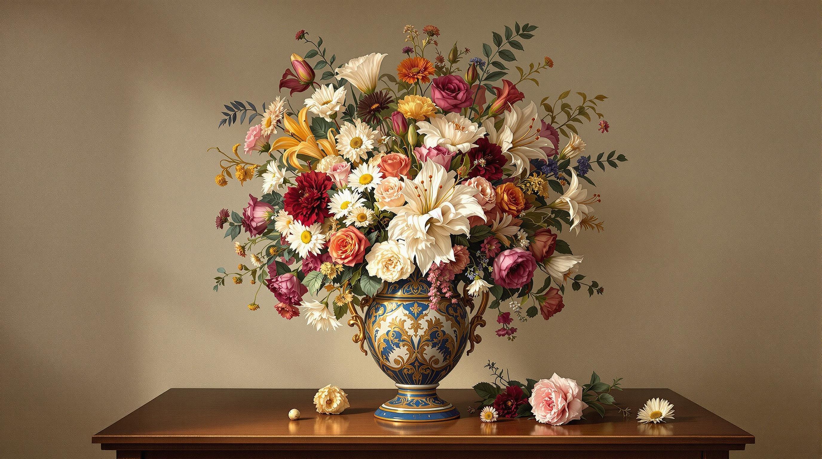 , A meticulously detailed still life painting centers around an ornate vase brimming with a diverse array of vibrant flowers, each bloom captured with exquisite precision and opulence, as if stepping right out of a classical art piece. The vase, elegant and timeless, sits gracefully on a polished wooden table, its intricate patterns and delicate shadows enhancing the richness of the composition. The flowers, an abundant bouquet of roses, lilies, and daisies, exhibit a symphony of colors and textures, their petals unfolding in hues of crimson, ivory, and golden yellow. Gentle light filters through, casting serene highlights that dance across the petals and leaves, creating a harmonious contrast against a subtly textured, muted background. The overall composition is balanced and harmonious, reflecting the meticulous attention to detail characteristic of the classical style. This painting, perfectly suited for digital wallpaper, ensures a captivating and refined visual experience, offering a crisp, clean look that captures the essence of timeless elegance and sophistication in art.