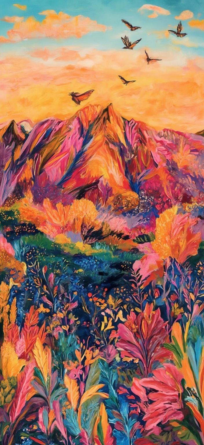colorful_illustration, Imagine a mountain landscape coming to life with a vibrant and colorful illustration, embodying a playful, dynamic, and hand-drawn feel. The scene is a harmonious blend of nature and art, designed to transform into a stunning digital wallpaper. Towering mountains rise against a radiant sky, their peaks kissed by the sun, casting warm hues that transition from soft pastels to bold, vivid colors.

In the foreground, a tapestry of organic shapes unfolds, featuring an array of leaves and floral elements arranged with effortless elegance. This natural symphony is interspersed with whimsical decorative elements—delicate dots, swirling lines, and abstract motifs—that dance across the canvas, adding layers of depth and movement.

Drawing inspiration from the lavish, decorative style, the composition intricately weaves bold organic shapes with delicate details, reminiscent of Scandinavian folk art and mid-century botanical prints. The lavish layering of colors and patterns introduces a sense of luxury and vibrancy, inviting the eye to explore the scene's every corner.

The radial floral patterns and scattered ornamental accents exude a natural, free-flowing quality, creating a lush tapestry where each element sings in harmony. This painting, centered for a crisp, clean look, is a testament to nature's beauty and an ideal focal point for a digital wallpaper that energizes any space with its dynamic and vivid essence.