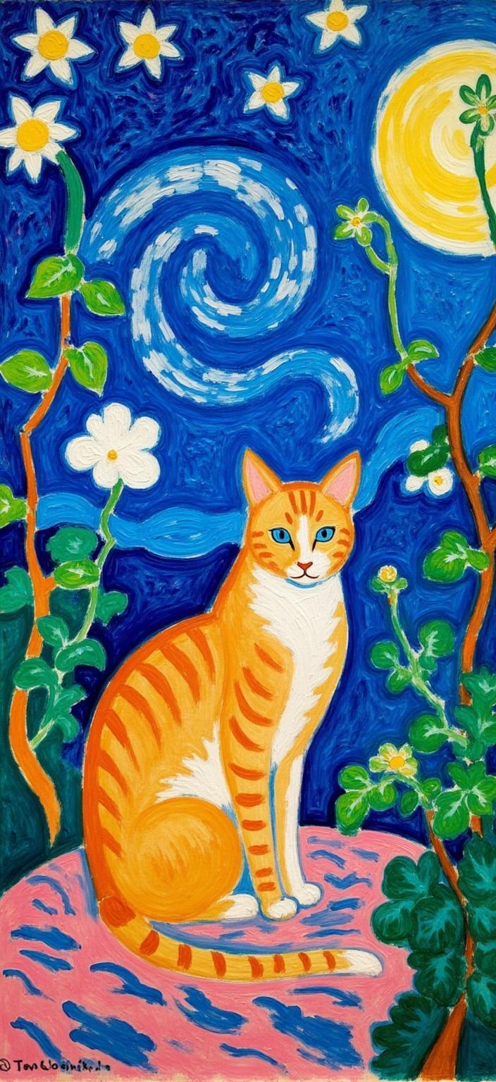 mattise_nice, A captivating scene unfolds, featuring a majestic golden cat with enchanting blue eyes, sitting gracefully at the center of the composition. The cat exudes a regal presence, its tail elegantly pointed upwards, drawing the viewer's attention immediately. The background is a mesmerizing homage to Van Gogh's iconic "Starry Night," infused with swirling shades of deep blues and vibrant yellows, creating a celestial landscape that feels both familiar and dreamlike.

In a beautiful fusion of nature and art, lush plants and intricate leaves weave seamlessly into the starry sky, their veins and tendrils extending as though reaching out to touch the stars. This organic integration of elements adds a sense of harmony and wonder to the scene.

The painting is crafted in the "Matisse-in-Nice" style, capturing the essence of bright colors and bold, fluid forms that characterize Henri Matisse's work during his time in Nice. Each brushstroke is infused with a sense of joy and movement, enhancing the overall vibrancy of the artwork.

Designed with precision for digital wallpaper, the image is centered perfectly to ensure a crisp, clean look that is both striking and sophisticated, making it an ideal piece for any modern setting.