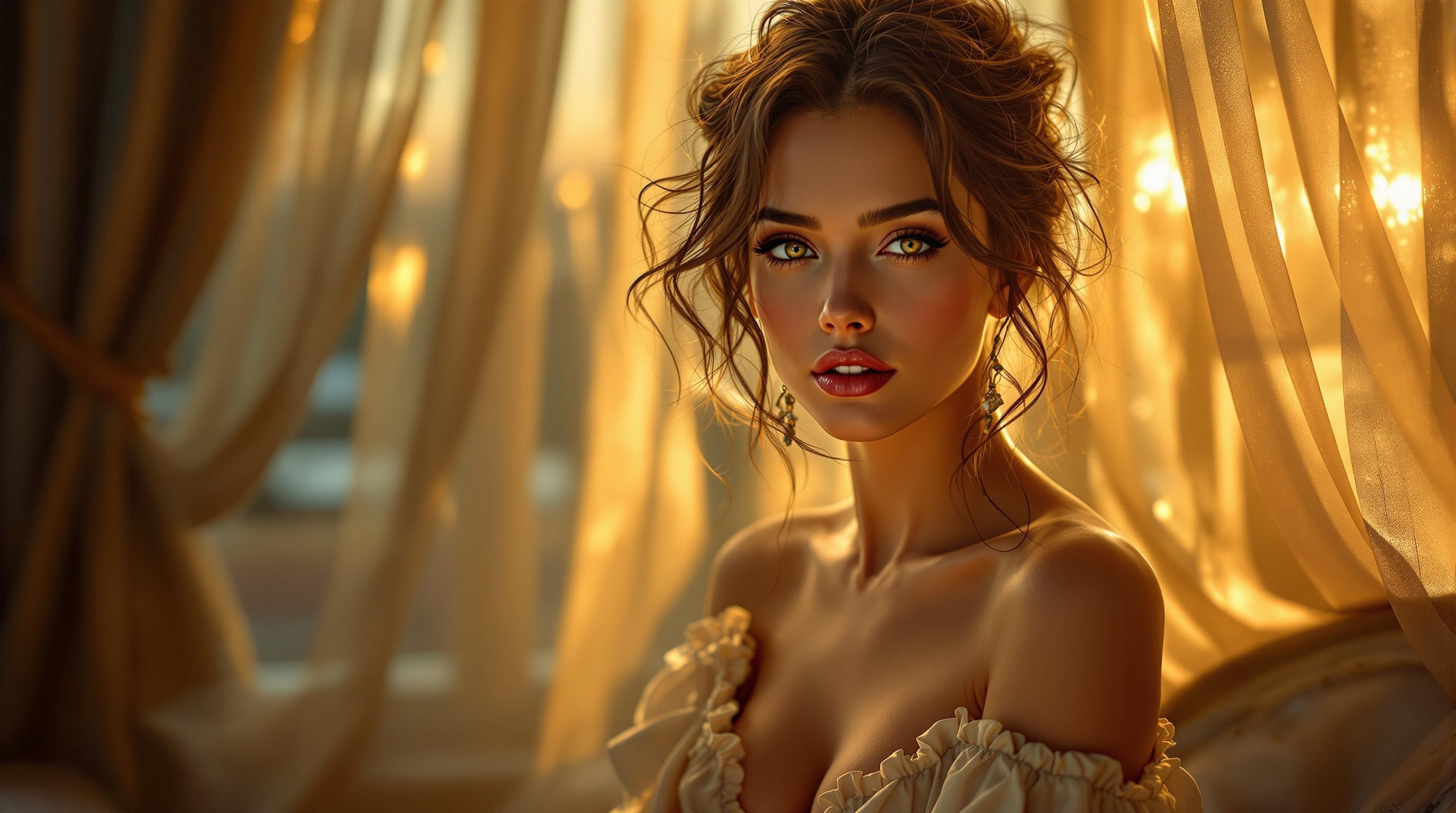 , Enriched prompt: A hyper-realistic and sensual portrait capturing the captivating allure of a gorgeous woman, exuding an air of elegance and mystery. She is portrayed with a seductive gaze, her eyes simmering with depth and intensity. Her flawless skin, radiant and smooth, is caressed by soft, ambient lighting that accentuates her graceful curves and highlights her natural beauty. Her tousled hair flows effortlessly over her shoulders, adding a sense of unrestrained freedom and allure. 

The scene is set in an opulent bedroom or in front of a grand window draped with delicate sheer curtains, allowing the warm, golden glow of the golden hour to bathe her in a heavenly light. The atmosphere is moody and intimate, drawing you into a world of refined elegance. The high-resolution, cinematic photography style brings every detail into sharp focus, ensuring the richness of her expression and the luxurious setting is captured with breathtaking clarity.

Inspired by classical artistry, the painting draws on timeless techniques to infuse the scene with a sense of grandiosity and sophistication. The composition is perfectly balanced, with the woman centered, ensuring the final image will look stunning as a digital wallpaper. This exquisite piece combines elegance and sensuality, embodying a classic yet modern aesthetic, ideal for adding a touch of splendor and intimacy to a refined digital space.
