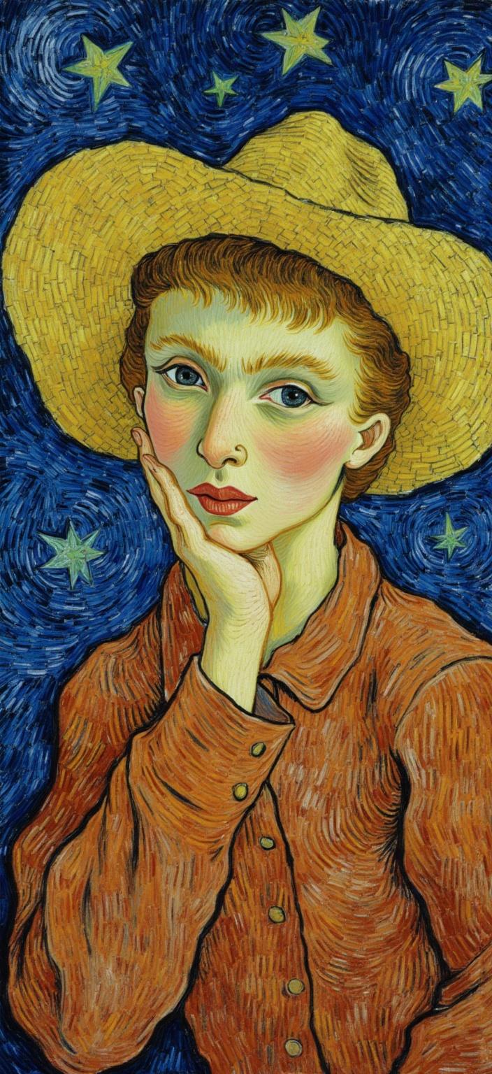 van_gogh, Create a captivating self-portrait of a young girl centered against a vibrant, dynamic background, drawn with inspiration from a style that is characterized by intense color, dynamic brushwork, and bold, expressive compositions. The girl is adorned with a starry hat, each star shimmering brightly against the textured canvas, evoking a feeling of wonder and imagination. Her eyes, wide and full of life, gaze forward with a youthful curiosity and a hint of introspection, capturing the viewer's attention.

Her portrait is imbued with vivid, rich colors applied in thick, impasto layers, creating a sense of movement and emotional depth. The background is an explosion of bold complementary color contrasts—deep blues and fiery oranges dance together, with swirling patterns that mimic the curly, flame-like brushstrokes, giving the painting a rhythmic, almost pulsating quality.

Incorporate vigorous, linear patterns throughout the work to infuse it with a sense of motion and life, making it both deeply personal and universally compelling. The energetic and loose brushstrokes add an element of spontaneity, ensuring that each detail stands out against the chaos of color and texture. This artwork is designed to be a digital wallpaper, ensuring a crisp, clean look suitable for printing, celebrating the fusion of raw emotion and artistic urgency.