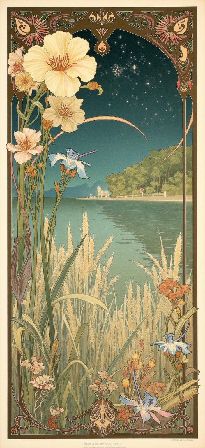 mucha, Create a mesmerizing and dreamlike Art Nouveau painting depicting the serene edge of a tranquil lake beneath a captivating starry night sky. This scene vividly embodies the flowing, organic lines and intricate decorative patterns inspired by Alphonse Mucha's iconic works. Nestled in this enchanting landscape are delicate iris flowers, graceful bullrushes, and elegant reeds, which sway gently in a soft, ethereal breeze. Two magnificent dragonflies hover in the foreground, their wings shimmering as they face each other in a silent dance. 

Sinuous vines and blooming flowers weave intricately through the composition, their forms guided by the expressive whiplash curves characteristic of the Art Nouveau style. The palette is a harmonious blend of delicate hues, casting a romantic and tranquil ambiance over the entire scene. The highly stylized background merges fine art with design, evoking an ethereal, dreamlike aesthetic that transports the viewer to a realm of serenity and beauty.

The artwork is framed within an elaborate ornamental border adorned with organic patterns and exquisite floral embellishments. This ornate border, with its sweeping curves reminiscent of a grand Gothic window, features an asymmetrical design where one large iris flower gracefully protrudes, partially covering the left-hand side of the border. This adds a touch of dynamic elegance while maintaining the dreamlike and poetic harmony of the scene.

This masterpiece is perfectly suited as a digital wallpaper for a smartphone, offering a crisp, clean look with a centered composition. It invites the user into a world where nature's splendor and human emotion are intertwined in a serene symphony of visual poetry.