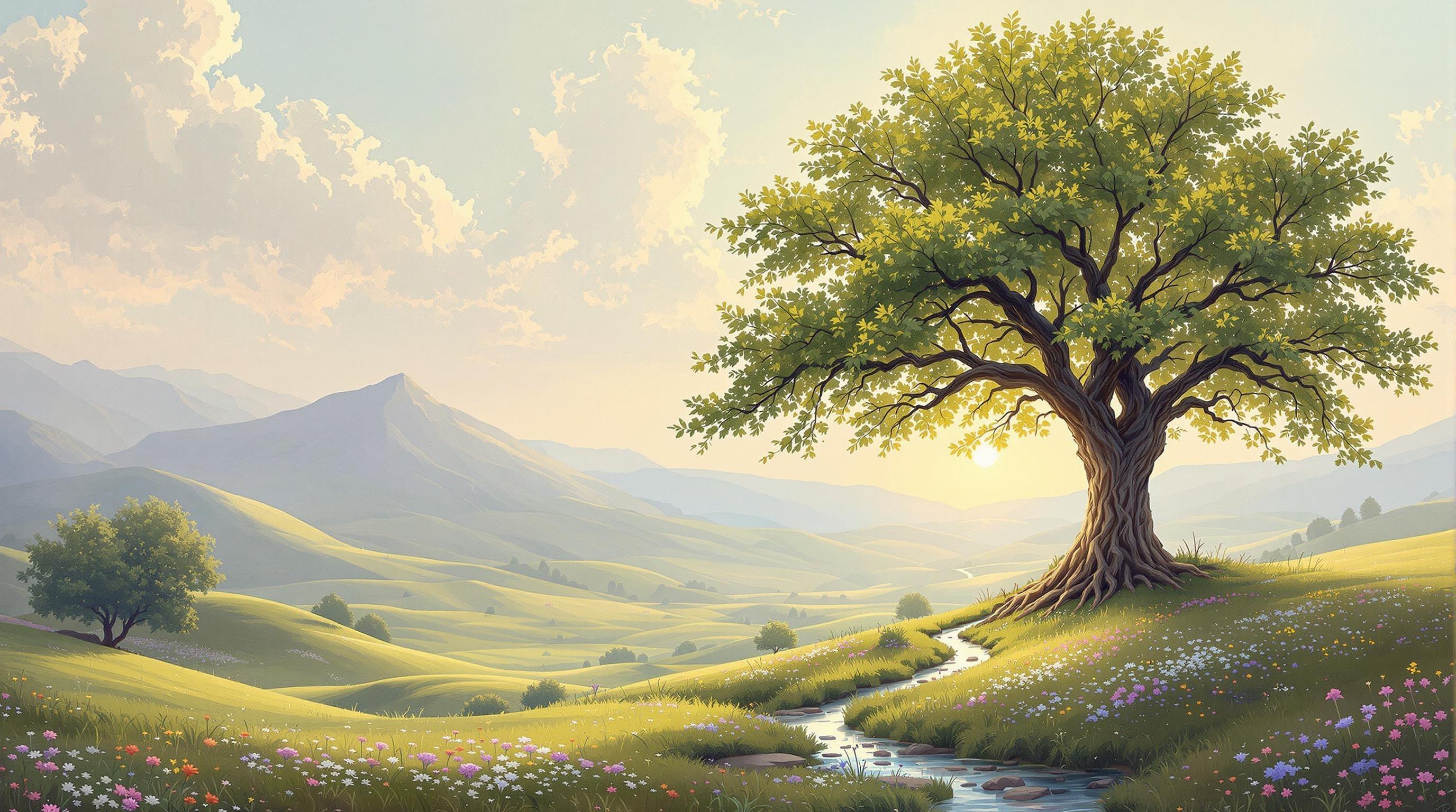 , A captivating image of a majestic tree stands at the heart of this painting, its branches elegantly spreading wide and tall, adorned with a lush tapestry of leaves in varied shades of green. The tree, a symbol of strength and beauty, is rooted firmly in a serene valley, bathed in the gentle golden light of a late afternoon sun. The sunlight filters through the foliage, casting delicate shadows on the soft earth below.

The valley itself is a sprawling expanse, lush and tranquil, cradled by softly undulating hills that rise in the distance, their slopes dotted with clusters of wildflowers in subtle hues. A narrow, sparkling stream meanders through the landscape, reflecting the sky's soft pastel colors.

The painting is executed in a classical style, reminiscent of the Old Masters, with a meticulous attention to detail and a rich, harmonious palette. The brushwork is deliberate and refined, creating a sense of depth and realism that draws the viewer into the scene.

The composition is balanced and centered, ensuring that the image maintains its crisp, clean qualities, making it ideal for printing as a digital wallpaper. This artwork not only captures the serene beauty of nature but also evokes a timeless elegance that will enhance any digital space.