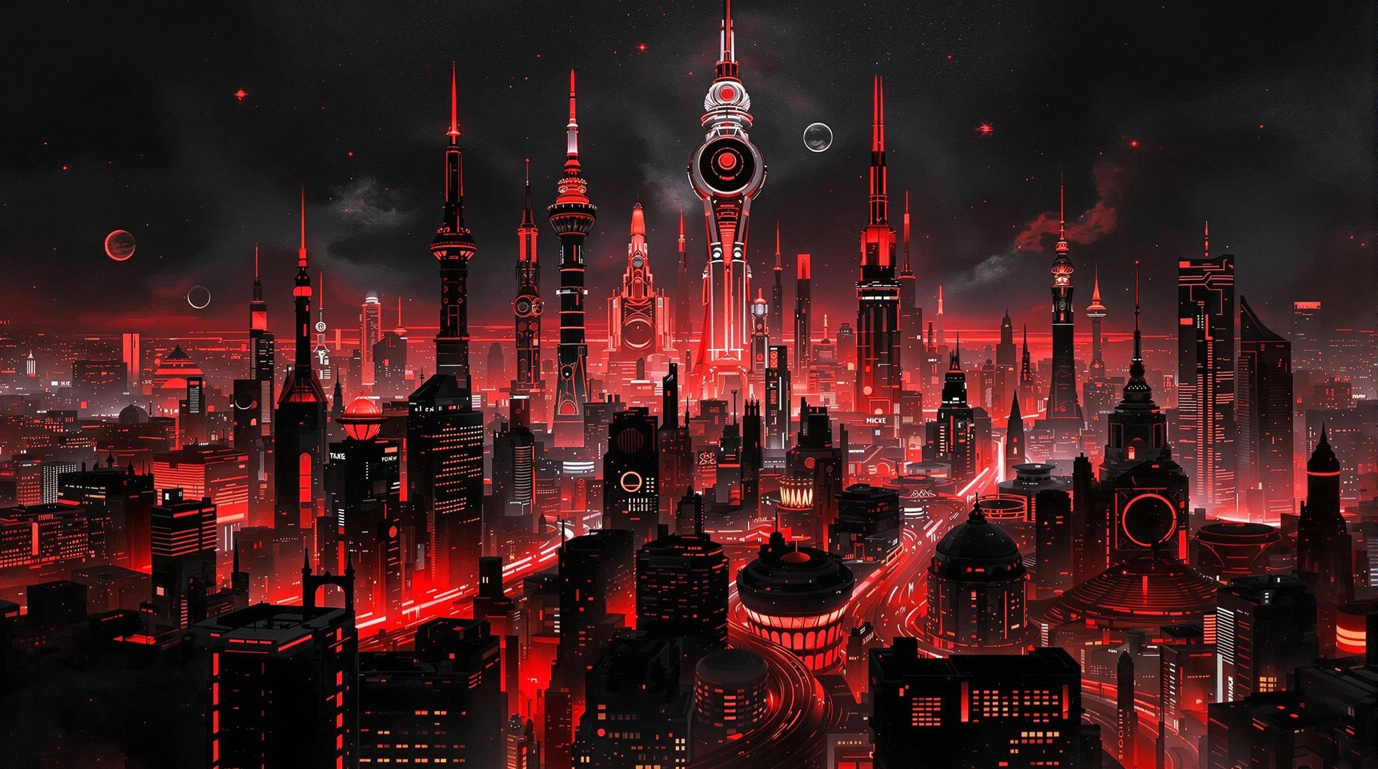 , ('A breathtaking painting depicting a futuristic city, bursting with the vibrant energy of neon lights, masterfully rendered in a classical style. The scene is predominantly swathed in rich shades of black and deep crimson red, creating a dramatic interplay of light and shadow reminiscent of classical chiaroscuro techniques. Towering skyscrapers and architectural marvels, adorned with glowing red accents, rise majestically into the night sky, their sleek, modern designs contrasting elegantly with the timeless, painterly brushstrokes. The cityscape is alive with movement, from the bustling streets below to the ambient glow of the futuristic skyline above. This composition is centered meticulously, providing a crisp and clean aesthetic, making it an ideal masterpiece for decor, perfectly suited for printing as a stunning wall piece.',)