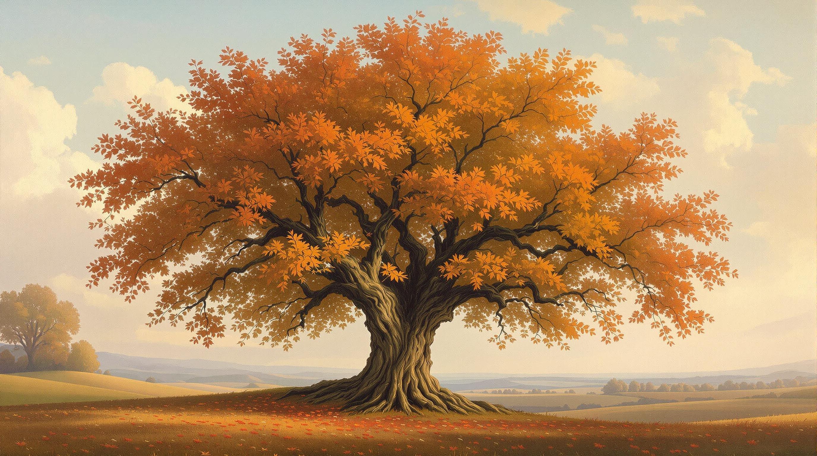 , A masterpiece of classical artistry, this beautiful tree painting captures the timeless elegance and grandeur of nature. At the center of the canvas stands a majestic oak, its gnarled branches stretching outward with grace and authority. The tree is adorned with a rich tapestry of leaves in vibrant autumnal hues—deep reds, warm oranges, and golden yellows—each delicately detailed and catching the light as if kissed by the setting sun. In the background, a soft, pastoral landscape unfurls, painted with gentle, rolling hills that fade into a serene horizon, offering a sense of depth and tranquility. The sky above is a symphony of soft pastels, with clouds appearing as if brushed by the hand of a master artist. This painting exudes a timeless quality, reminiscent of the works of classical painters, and is centered perfectly, ensuring a crisp, clean look suitable for a digital wallpaper, infusing any space with warmth, beauty, and a touch of classical sophistication.