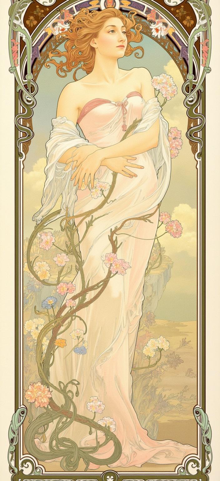 mucha, Title: "Floral Harmony with Megumi Fushiguro"

Description:

Immerse yourself in a dreamlike realm where the ethereal beauty of nature intertwines with the enigmatic presence of Megumi Fushiguro from "Jujutsu Kaisen." This digital wallpaper captures the essence of intricate elegance and artistic finesse inspired by the Art Nouveau style, with an emphasis on flowing, organic lines and an ornate blend of natural motifs.

At the heart of the composition stands Megumi Fushiguro, his expression serene yet determined, embodying a harmonious connection between the human spirit and the surrounding natural world. His presence is enveloped by swirling vines and blooming flowers, meticulously detailed with sinuous curves and vibrant hues that evoke a sense of fluid motion and life.

The backdrop is a highly stylized landscape, a tapestry of fine art and design where celestial elements like stars and subtle sunbursts are interwoven with the lush flora, creating a romantic, otherworldly atmosphere. The color palette is delicate yet impactful, with pastel tones merging effortlessly with deeper shades to add depth and richness to the scene.

Framing the entire artwork is an elaborate ornamental border reminiscent of a grand Gothic window. This intricate frame, adorned with organic patterns and embellished with celestial symbols, enhances the overall composition with its sweeping curves and ornate detailing, inviting the viewer to step into this poetic, nature-infused wonderland.

Perfectly centered for clarity and balance, this digital wallpaper is a visual masterpiece, combining the allure of "Jujutsu Kaisen" with the timeless elegance of Art Nouveau, making it an ideal choice for those seeking to transform any digital space into a work of surreal beauty.